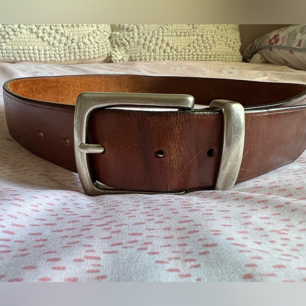 VTG GAP Cognac Brown Genuine Leather Belt Solid Brass Silver Buckle 34 Waist - Picture 2 of 11